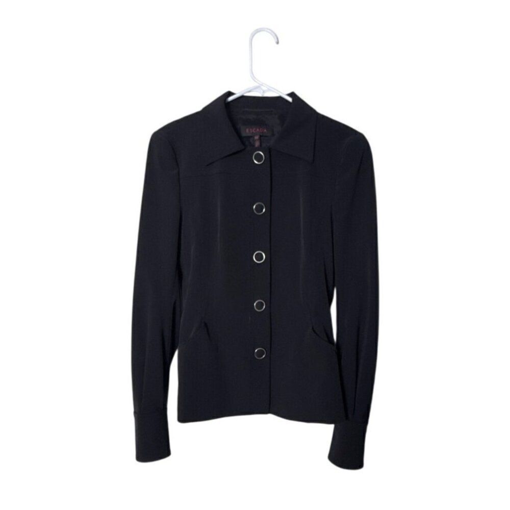 Escada Womens Black Button-Up Jacket Size 34 Long Sleeves Slim Fit Elegant Desig